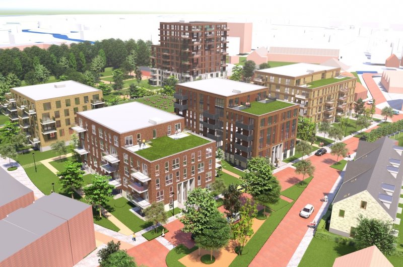 Vogelvluchtimpressie fase 2 nieuwbouwproject Vredehof in Spijkenisse met vier woongebouwen in campusachtige, groene buurt.